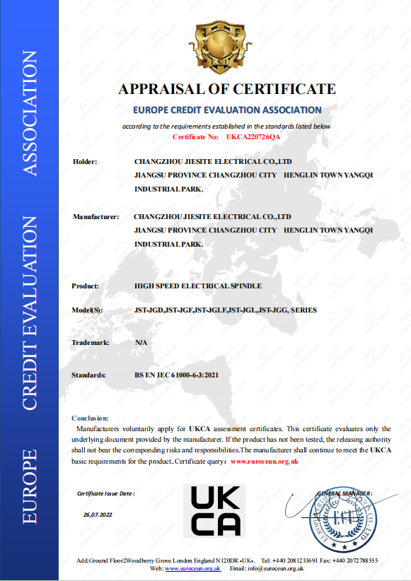 UKCA certification of JST spindle