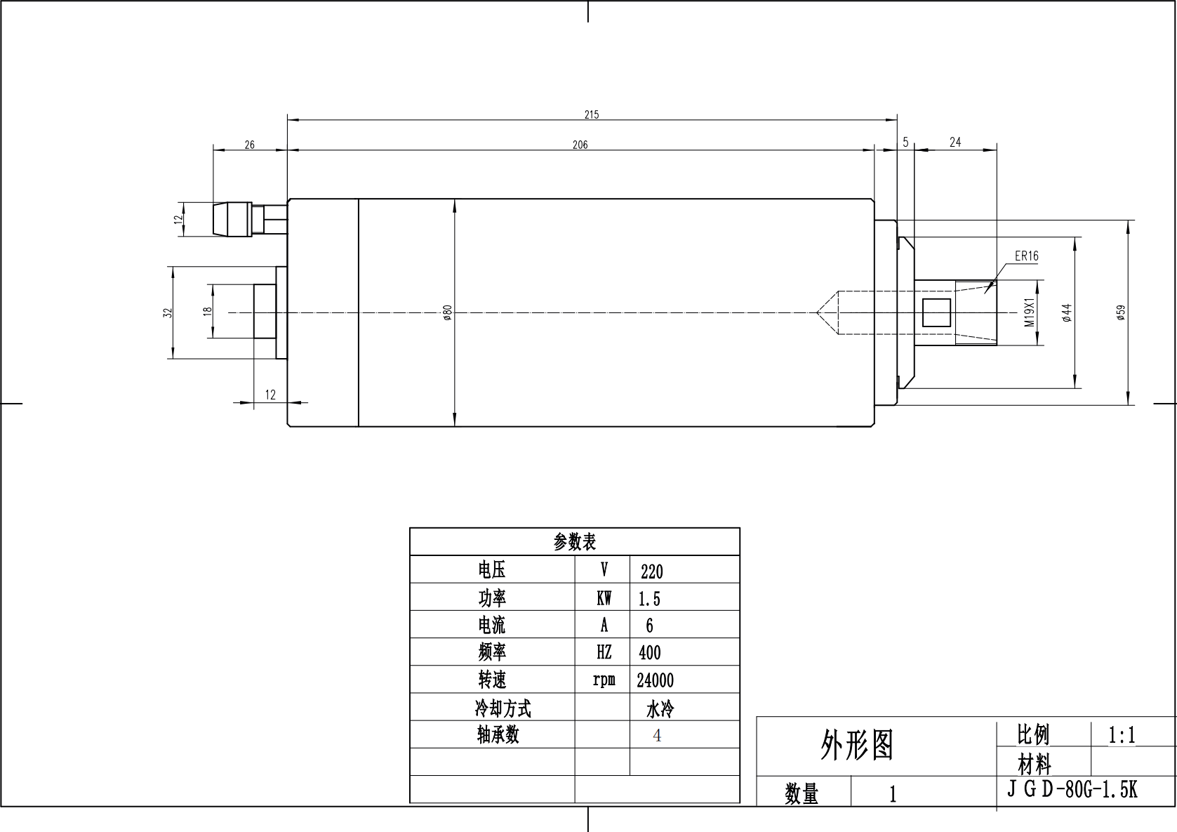 JST-1.5kw ER16 80mm 4 bearings water-cooled round MTC spindle motor