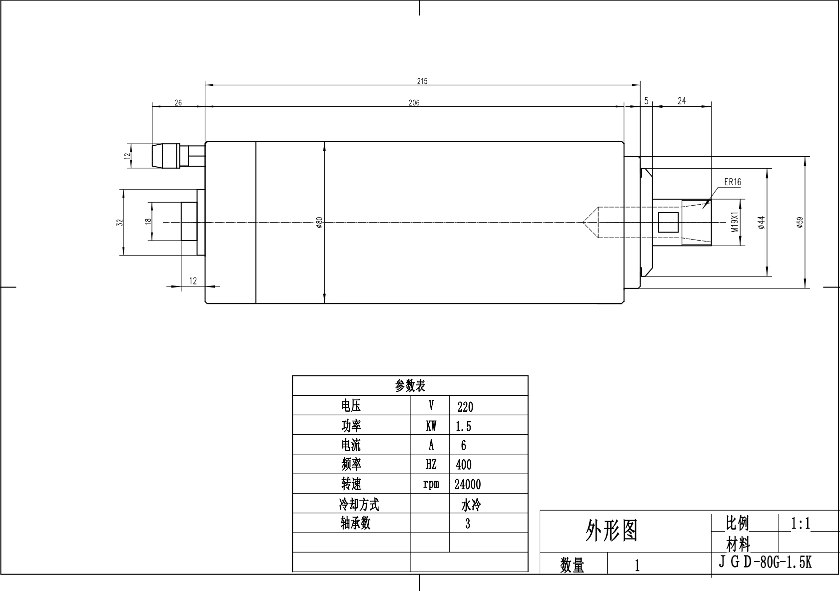 JST-1.5kw ER16 80mm water-cooled round MTC spindle motor