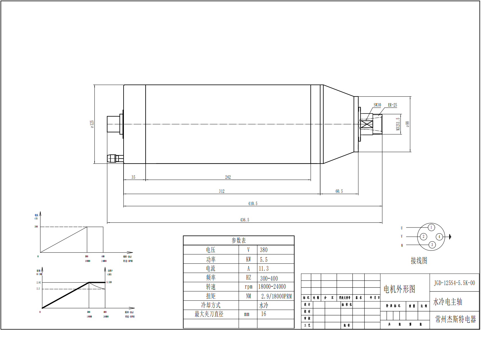 JST-5.5kw ER25 ER32 125mm 4 bearings water-cooled round MTC spindle motor