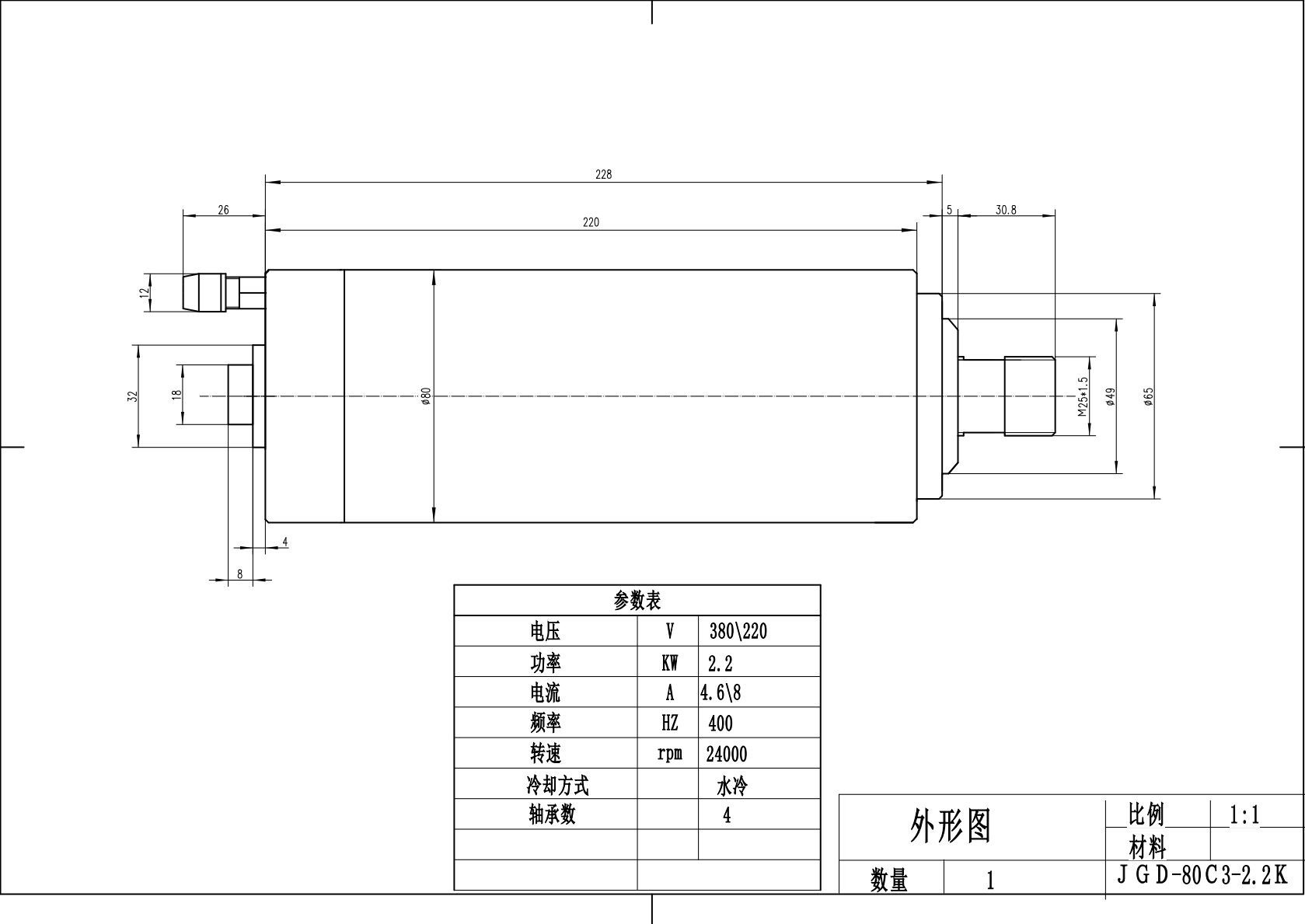 JST-2.2kw ER20 80mm 4 bearings water-cooled round MTC spindle motor