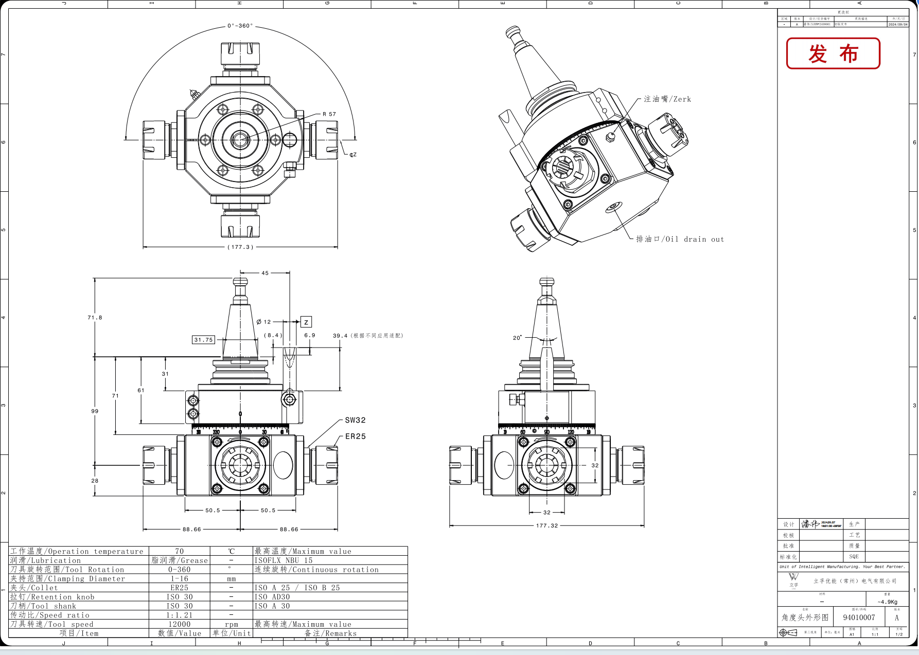 JST JGJ30-25-4 Four-Head Angle Head Spindle motor for Machining Centers
